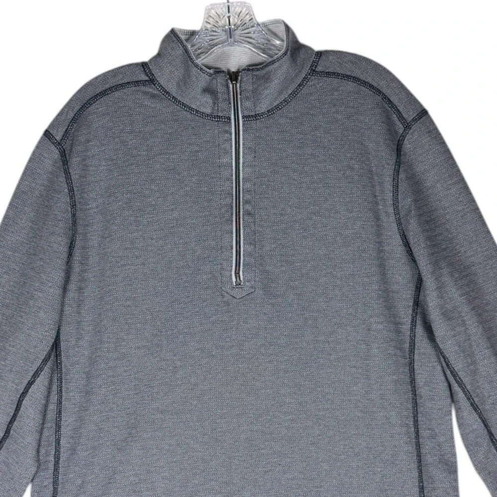 Tommy Bahama Mens Medium Reversible Quarter Zip Pullover Gray Herringbone Cotton